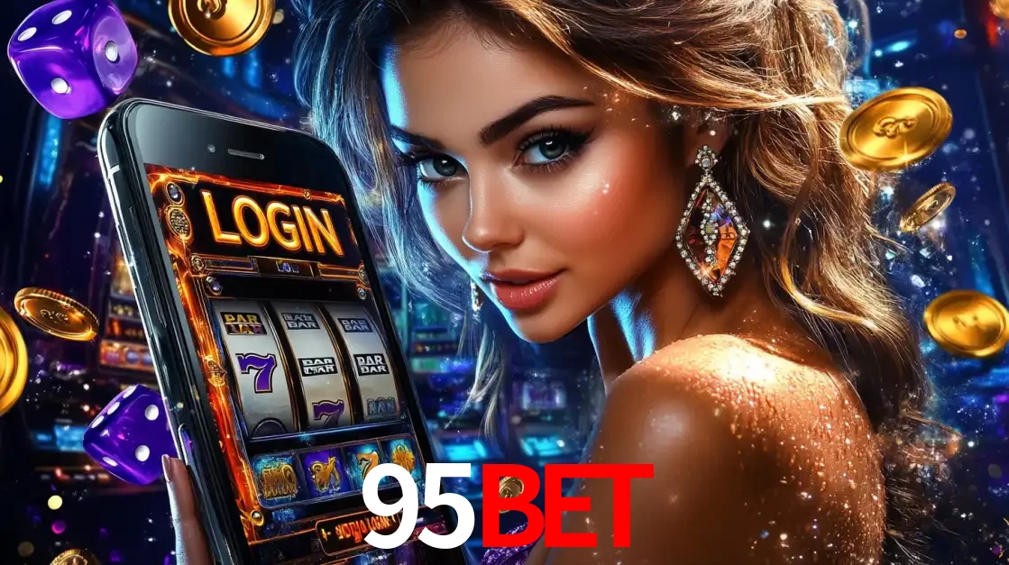 Mulher glamorosa segurando um smartphone com a tela de login para os jogos de caça-níqueis do cassino online 95BET, com moedas de ouro e dados ao redor.