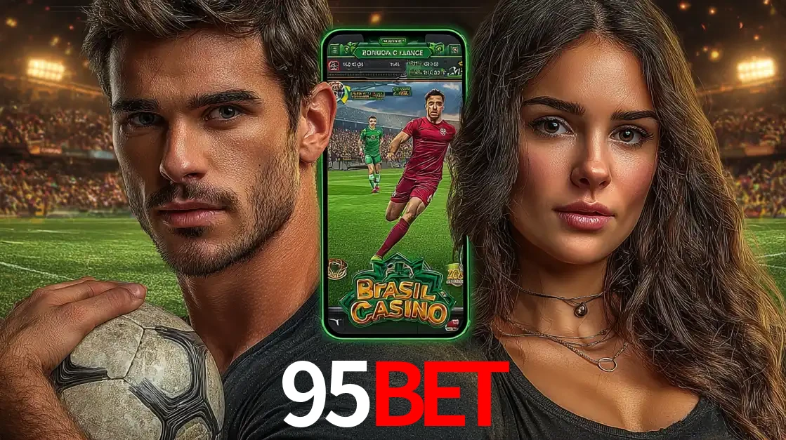 Homem segurando uma bola de futebol e uma mulher ao lado de um smartphone exibindo o jogo de apostas esportivas da 95BET. Faça seu palpite no cassino online.